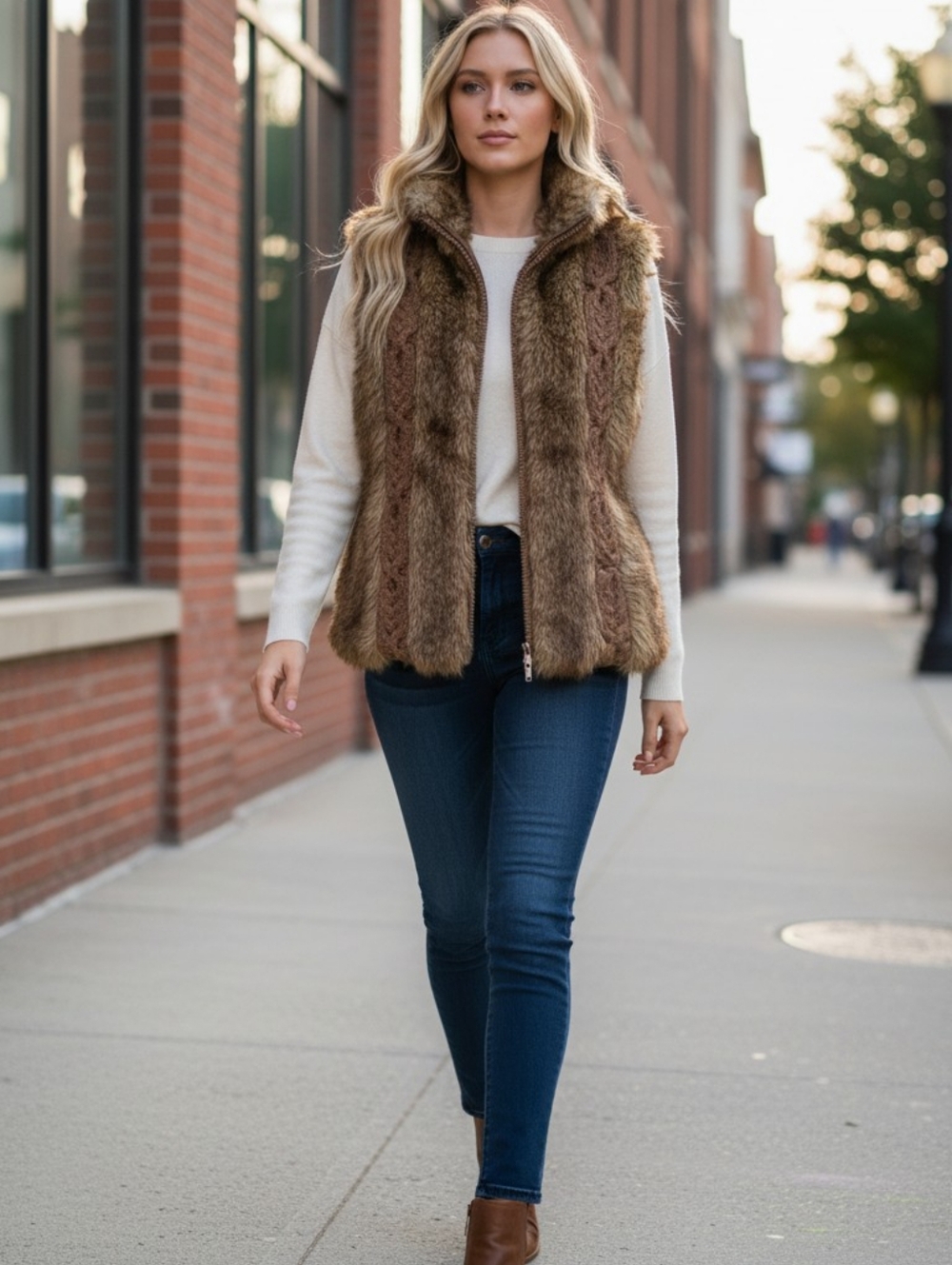 FENN WRIGHT MANSONFaux Fur Quilted Vest - Brown SIZE MEDIUM